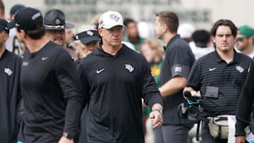 Nov 1, 2025; Waco, Texas, USA; UCF Knights head coach Scott Frost leaves the field following the game against the Baylor Bears at McLane Stadium. Mandatory Credit: Raymond Carlin III-Imagn Images