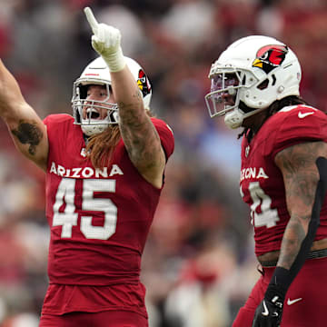 Arizona Cardinals linebacker Dennis Gardeck (45) celebrates his sack against the Los Angeles Rams at State Farm Stadium on Sept. 15, 2024.