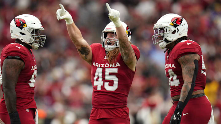 Arizona Cardinals linebacker Dennis Gardeck (45) celebrates his sack against the Los Angeles Rams at State Farm Stadium on Sept. 15, 2024.