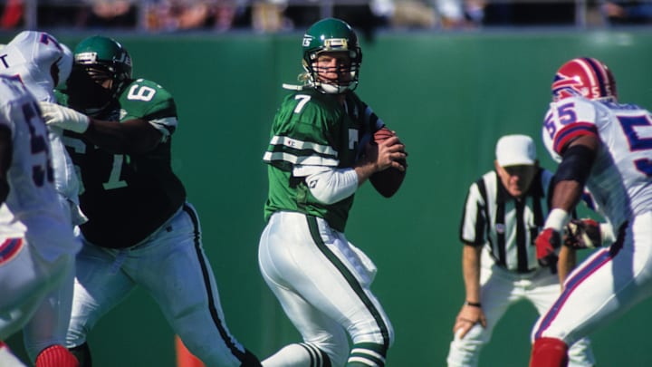 Oct 24, 1993; East Rutherford, NJ, USA; FILE PHOTO; New York Jets quarterback Boomer Esiason (7) in action against the Buffalo Bills at Giants Stadium. 