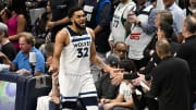 May 28, 2024; Dallas, Texas, USA; Minnesota Timberwolves center Karl-Anthony Towns (32) fouls out against the Dallas Mavericks during the second half in game four of the western conference finals for the 2024 NBA playoffs at American Airlines Center. Mandatory Credit: Jerome Miron-USA TODAY Sports