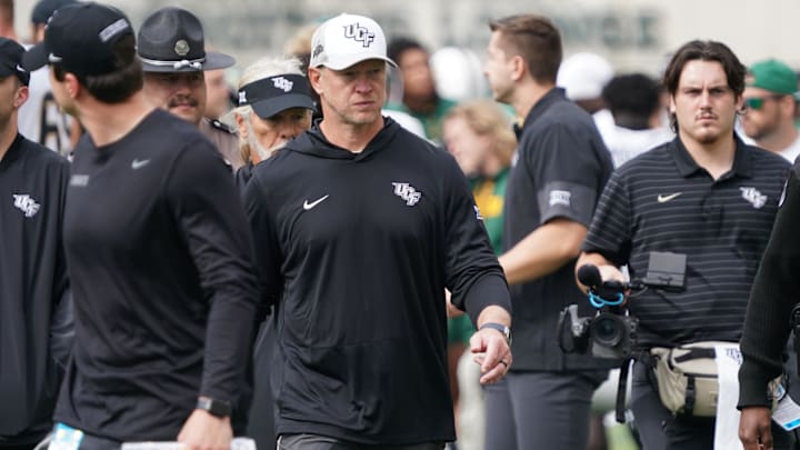 Nov 1, 2025; Waco, Texas, USA; UCF Knights head coach Scott Frost leaves the field following the game against the Baylor Bears at McLane Stadium. Mandatory Credit: Raymond Carlin III-Imagn Images