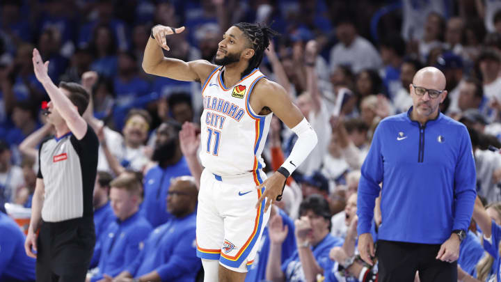 May 7, 2024; Oklahoma City, Oklahoma, USA; Oklahoma City Thunder guard Isaiah Joe (11) reacts after scoring a three-point basket against the Dallas Mavericks during the second half of game one of the second round for the 2024 NBA playoffs at Paycom Center. Mandatory Credit: Alonzo Adams-USA TODAY Sports