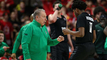 Feb 26, 2025; College Park, Maryland, USA; Michigan State Spartans head coach Tom Izzo talks to guard Jase Richardson (11) during the first half against the Maryland Terrapins at Xfinity Center. Mandatory Credit: Reggie Hildred-Imagn Images