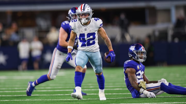 Nov 12, 2023; Arlington, Texas, USA;  Dallas Cowboys running back Deuce Vaughn (42) reacts during the second half against the New York Giants at AT&T Stadium. 