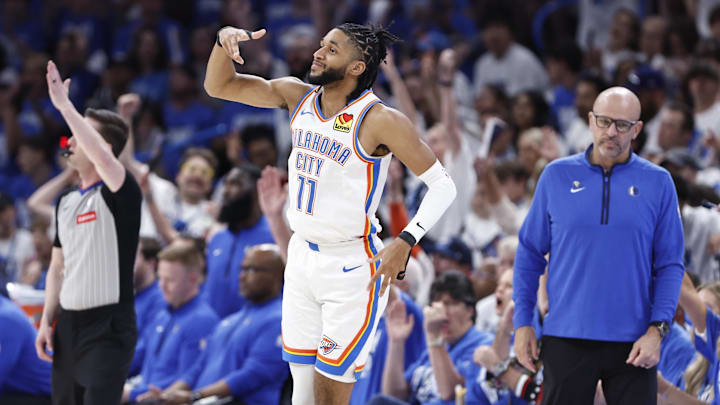 May 7, 2024; Oklahoma City, Oklahoma, USA; Oklahoma City Thunder guard Isaiah Joe (11) reacts after scoring a three-point basket against the Dallas Mavericks during the second half of game one of the second round for the 2024 NBA playoffs at Paycom Center. Mandatory Credit: Alonzo Adams-Imagn Images