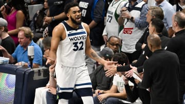 May 28, 2024; Dallas, Texas, USA; Minnesota Timberwolves center Karl-Anthony Towns (32) fouls out against the Dallas Mavericks during the second half in game four of the western conference finals for the 2024 NBA playoffs at American Airlines Center. Mandatory Credit: Jerome Miron-USA TODAY Sports