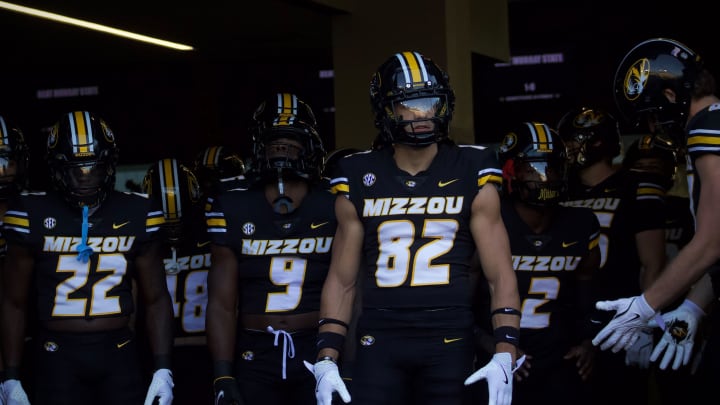 Aug. 29, 2024: Junior wide receiver Logan Muckey leads the Missouri Tigers out of the tunnel before their season opener. / Matt Guzman /MissouriOnSI