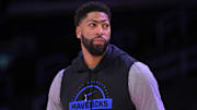 Nov 28, 2025; Los Angeles, California, USA;  Dallas Mavericks forward Anthony Davis (3) warms up prior to the game against the Los Angeles Lakers at Crypto.com Arena. Mandatory Credit: Jayne Kamin-Oncea-Imagn Images