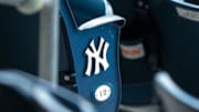 Jul 12, 2020; Bronx, New York, United States; A view of the  New York Yankees logo and seat number of an empty seat during a simulated game during summer camp workouts at Yankee Stadium. Mandatory Credit: Vincent Carchietta-Imagn Images