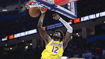 Mar 1, 2023; Oklahoma City, Oklahoma, USA; Los Angeles Lakers center Mo Bamba (12) dunks against the Oklahoma City Thunder during the second half at Paycom Center.  Mandatory Credit: Alonzo Adams-Imagn Images