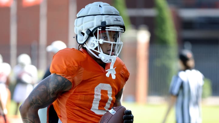 Oklahoma State's Ollie Gordon II waits to run a drill during an Oklahoma State University Cowboys spring football practice at Sherman E. Smith Training Center in Stillwater, Okla., Tuesday, April 16, 2024.