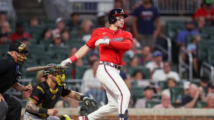  Atlanta Braves left fielder Jarred Kelenic (24) hits a single against the Pittsburgh Pirates in the sixth inning at Truist Park on June 28.