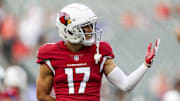 Aug 12, 2022; Cincinnati, Ohio, USA; Arizona Cardinals wide receiver Andy Isabella (17) reacts during warmups prior to the game against the Cincinnati Bengals at Paycor Stadium. Mandatory Credit: Katie Stratman-Imagn Images