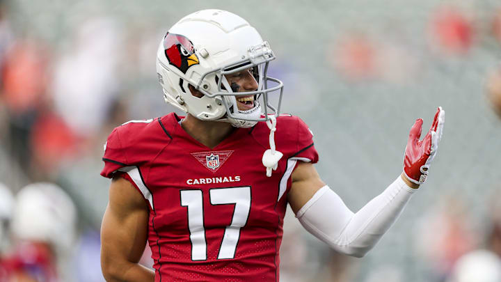Aug 12, 2022; Cincinnati, Ohio, USA; Arizona Cardinals wide receiver Andy Isabella (17) reacts during warmups prior to the game against the Cincinnati Bengals at Paycor Stadium. Mandatory Credit: Katie Stratman-Imagn Images Aug 12, 2022; Cincinnati, Ohio, USA; Arizona Cardinals wide receiver Andy Isabella (17) reacts during warmups prior to the game against the Cincinnati Bengals at Paycor Stadium. Mandatory Credit: Katie Stratman-Imagn Images
