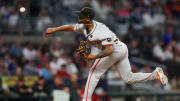 Jul 2, 2024; Atlanta, Georgia, USA; San Francisco Giants relief pitcher Camilo Doval (75) throws against the Atlanta Braves in the ninth inning at Truist Park.