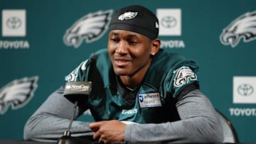 Philadelphia Eagles wide receiver DeVonta Smith addresses media during a press conference at NovaCare Complex. 