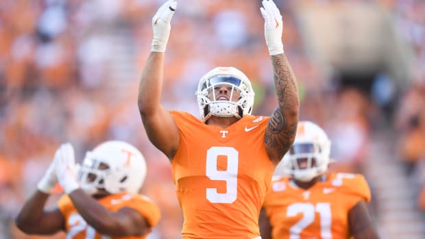 Tennessee defensive lineman Tyler Baron (9) celebrates during a football game between Tennessee 