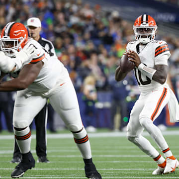 Cleveland Browns quarterback Tyler Huntley (10) looks to pass against the Seattle Seahawks during the third quarter at Lumen Field during the 2024 preseason.