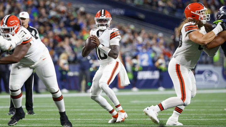 Aug 24, 2024; Seattle, Washington, USA; Cleveland Browns quarterback Tyler Huntley (10) looks to pass against the Seattle Seahawks during the third quarter at Lumen Field. Mandatory Credit: Joe Nicholson-USA TODAY Sports