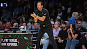 Nov 7, 2025; Miami, Florida, USA; Miami Heat head coach Erik Spoelstra reacts from the sideline against the Charlotte Hornets during the first quarter of an NBA Cup game at Kaseya Center. Mandatory Credit: Sam Navarro-Imagn Images