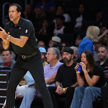 Nov 7, 2025; Miami, Florida, USA; Miami Heat head coach Erik Spoelstra reacts from the sideline against the Charlotte Hornets during the first quarter of an NBA Cup game at Kaseya Center. Mandatory Credit: Sam Navarro-Imagn Images