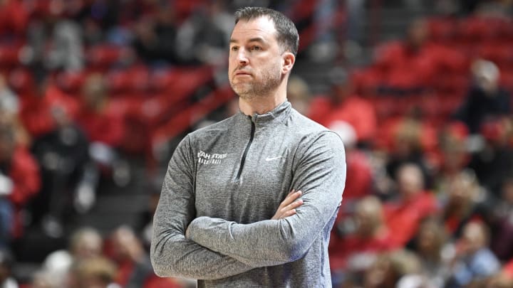 Utah State Aggies head coach Danny Sprinkle looks on against the UNLV Rebels at the Thomas & Mack Center. 