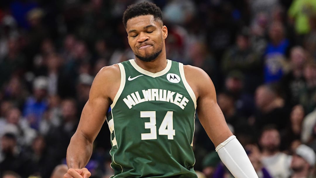Nov 1, 2025; Milwaukee, Wisconsin, USA; Milwaukee Bucks forward Giannis Antetokounmpo (34) reacts after missing a shot late in the fourth quarter against the Sacramento Kings at Fiserv Forum. Mandatory Credit: Benny Sieu-Imagn Images