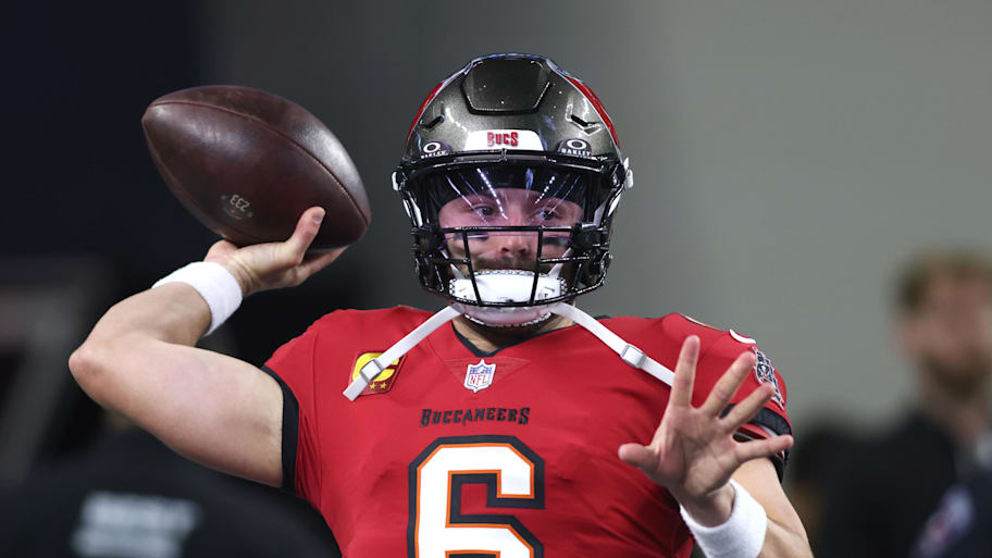 Dec 22, 2024; Arlington, Texas, USA; Tampa Bay Buccaneers quarterback Baker Mayfield (6) throws a pass before the game against the Dallas Cowboys at AT&T Stadium. Mandatory Credit: Tim Heitman-Imagn Images | Tim Heitman-Imagn Images