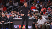 Apr 6, 2025; Atlanta, Georgia, USA; Atlanta Hawks head coach Quin Snyder on the sideline against the Utah Jazz in the third quarter at State Farm Arena. Mandatory Credit: Brett Davis-Imagn Images
