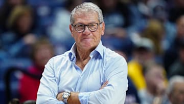 Nov 9, 2025; Storrs, Connecticut, USA; UConn Huskies head coach Geno Auriemma watches from the sideline as they take on the Florida State Seminoles at Harry A. Gampel Pavilion. Mandatory Credit: David Butler II-Imagn Images