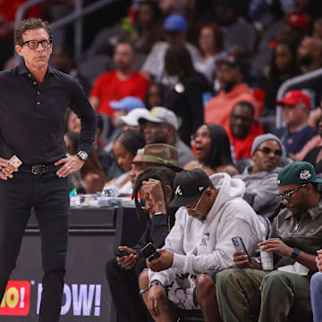 Apr 6, 2025; Atlanta, Georgia, USA; Atlanta Hawks head coach Quin Snyder on the sideline against the Utah Jazz in the third quarter at State Farm Arena. Mandatory Credit: Brett Davis-Imagn Images