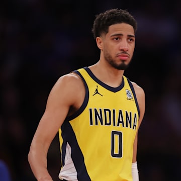 Indiana Pacers guard Tyrese Haliburton reacts in the third quarter against the New York Knicks. Mandatory Credit: Brad Penner-Imagn Images