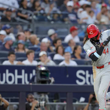 Jul 2, 2024; Bronx, New York, USA; Cincinnati Reds shortstop Elly De La Cruz (44) rounds the bases after hitting a two run home run against the New York Yankees during the fifth inning at Yankee Stadium. Mandatory Credit: Brad Penner-USA TODAY Sports