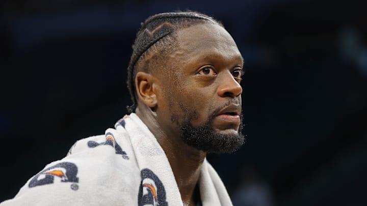 Jan 8, 2026; Minneapolis, Minnesota, USA; Minnesota Timberwolves forward Julius Randle (30) talks with a reporter after defeating the Cleveland Cavaliers 
at Target Center. Mandatory Credit: Bruce Kluckhohn-Imagn Images