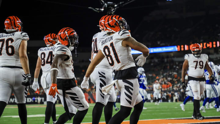 Aug 22, 2024; Cincinnati, Ohio, USA; Cincinnati Bengals wide receiver Jermaine Burton (81) reacts after scoring a touchdown against the Indianapolis Colts in the second half at Paycor Stadium. Mandatory Credit: Katie Stratman-USA TODAY Sports