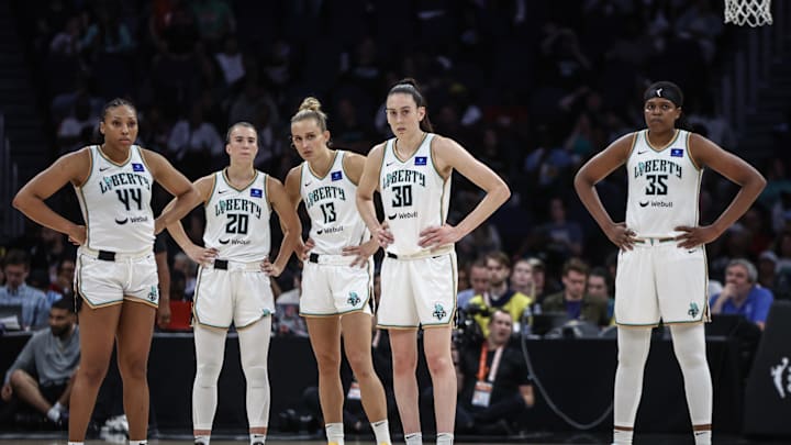 Jun 25, 2024; Belmont Park, New York, USA;  New York Liberty guards Betnijah Laney-Hamilton (44), Sabrina Ionescu (20), forwards Leonie Fiebich (13), Breanna Stewart (30) and center Jonquel Jones (35) at UBS Arena. Mandatory Credit: Wendell Cruz-Imagn Images