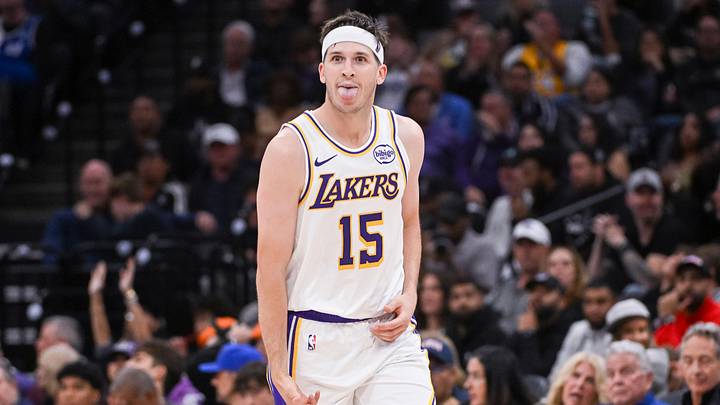 Oct 26, 2025; Sacramento, California, USA; Los Angeles Lakers guard Austin Reaves (15) reacts after making a three point shot against the Sacramento Kings during the fourth quarter at Golden 1 Center. Mandatory Credit: Ed Szczepanski-Imagn Images