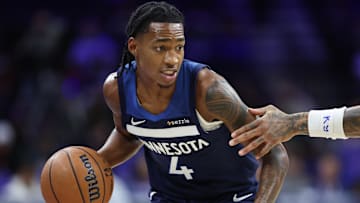 Oct 17, 2025; Philadelphia, Pennsylvania, USA; Minnesota Timberwolves guard Rob Dillingham (4) dribbles the ball against the Philadelphia 76ers during the first quarter at Xfinity Mobile Arena.