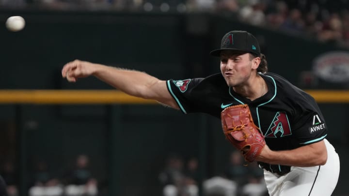 Aug 12, 2024; Phoenix, Arizona, USA; Arizona Diamondbacks pitcher Brandon Pfaadt (32) throws against the Colorado Rockies in the first inning at Chase Field.