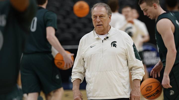 Mar 26, 2026; Washington, DC, USA; Michigan State Spartans head coach Tom Izzo looks on during a practice session ahead of the east regional of the men's 2026 NCAA Tournament at Capital One Arena. Mandatory Credit: Geoff Burke-Imagn Images