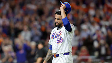 Oct 8, 2024; New York City, New York, USA; New York Mets pitcher Sean Manaea (59) reacts after being relieved in the eighth inning against the Philadelphia Phillies during game three of the NLDS for the 2024 MLB Playoffs at Citi Field. Mandatory Credit: Brad Penner-Imagn Images