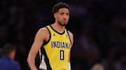 iMay 21, 2025; New York, New York, USA; Indiana Pacers guard Tyrese Haliburton (0) reacts in the third quarter against the New York Knicks during game one of the eastern conference finals for the 2025 NBA Playoffs at Madison Square Garden. Mandatory Credit: Brad Penner-Imagn Images
