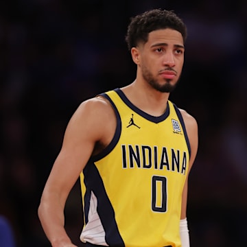 iMay 21, 2025; New York, New York, USA; Indiana Pacers guard Tyrese Haliburton (0) reacts in the third quarter against the New York Knicks during game one of the eastern conference finals for the 2025 NBA Playoffs at Madison Square Garden. Mandatory Credit: Brad Penner-Imagn Images