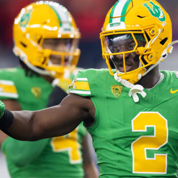 Jan 1, 2024; Glendale, AZ, USA; Oregon Ducks linebacker Jeffrey Bassa (2) against the Liberty Flames during the 2024 Fiesta Bowl at State Farm Stadium. Mandatory Credit: Mark J. Rebilas-USA TODAY Sports