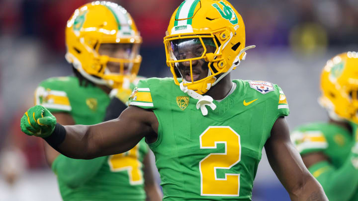 Jan 1, 2024; Glendale, AZ, USA; Oregon Ducks linebacker Jeffrey Bassa (2) against the Liberty Flames during the 2024 Fiesta Bowl at State Farm Stadium. Mandatory Credit: Mark J. Rebilas-USA TODAY Sports