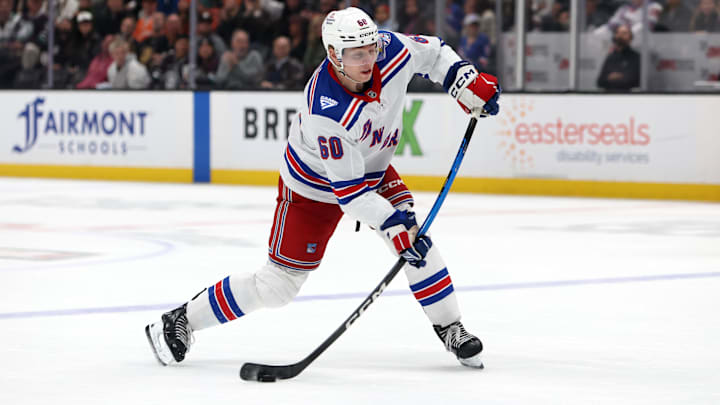 Jan 19, 2026; Anaheim, California, USA;  New York Rangers defenseman Scott Morrow (60) takes a slapshot during the third period against the Anaheim Ducks at Honda Center. Mandatory Credit: Kiyoshi Mio-Imagn Images
