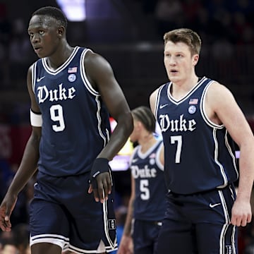 Duke basketball center Khaman Maluach and guard Kon Knueppel