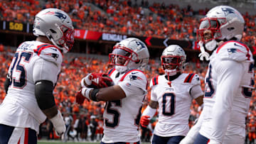 New England Patriots corner back Marcus Jones (25) recovers a fumble in the second quarter of the NFL game against the Cincinnati Bengals at Paycor Stadium in Cincinnati on Sunday, Sept. 8, 2024.