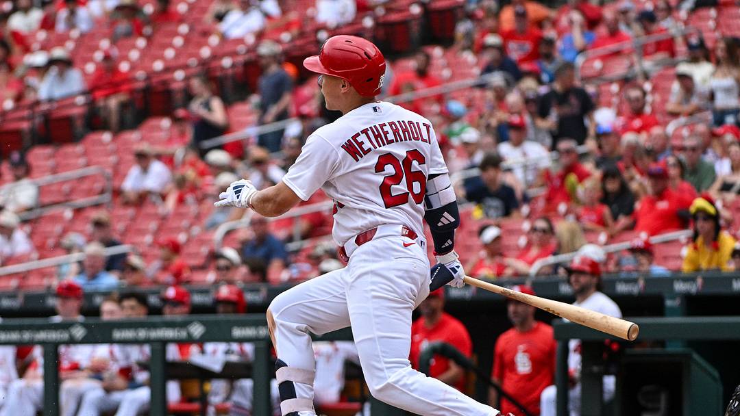 Aug 12, 2026; St. Louis, Missouri, USA; St. Louis Cardinals second baseman JJ Wetherholt (26) hits a single against the Philadelphia Phillies during the fifth inning at Busch Stadium. Mandatory Credit: Jeff Curry-Imagn Images
